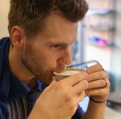 Ken Okonek enjoying coffee